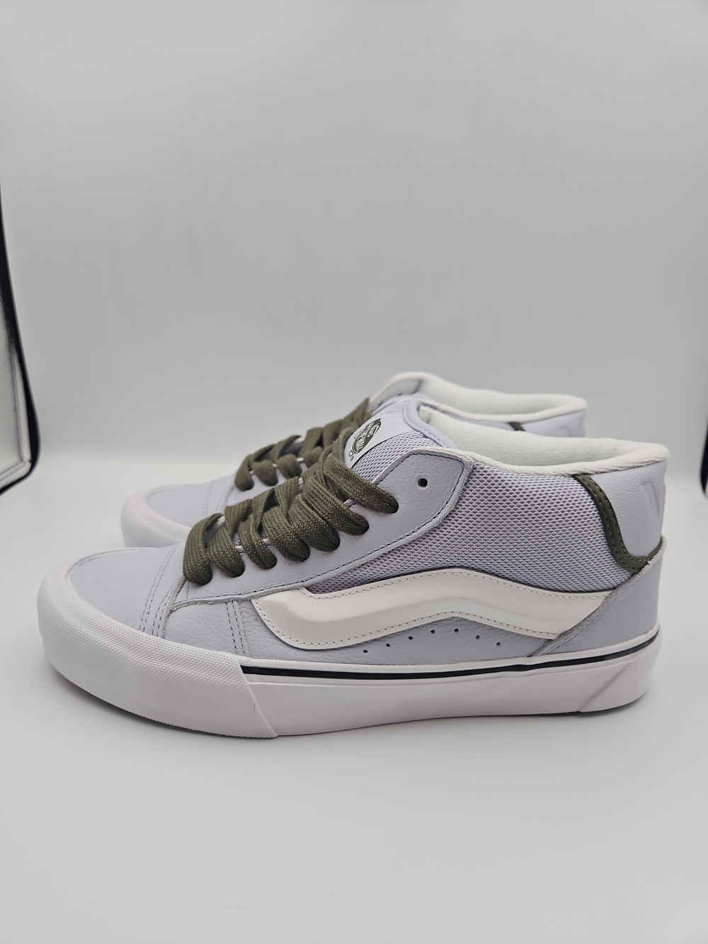 Vans Mid-Top Sneakers in Light Gray/Blue, White and Olive Green